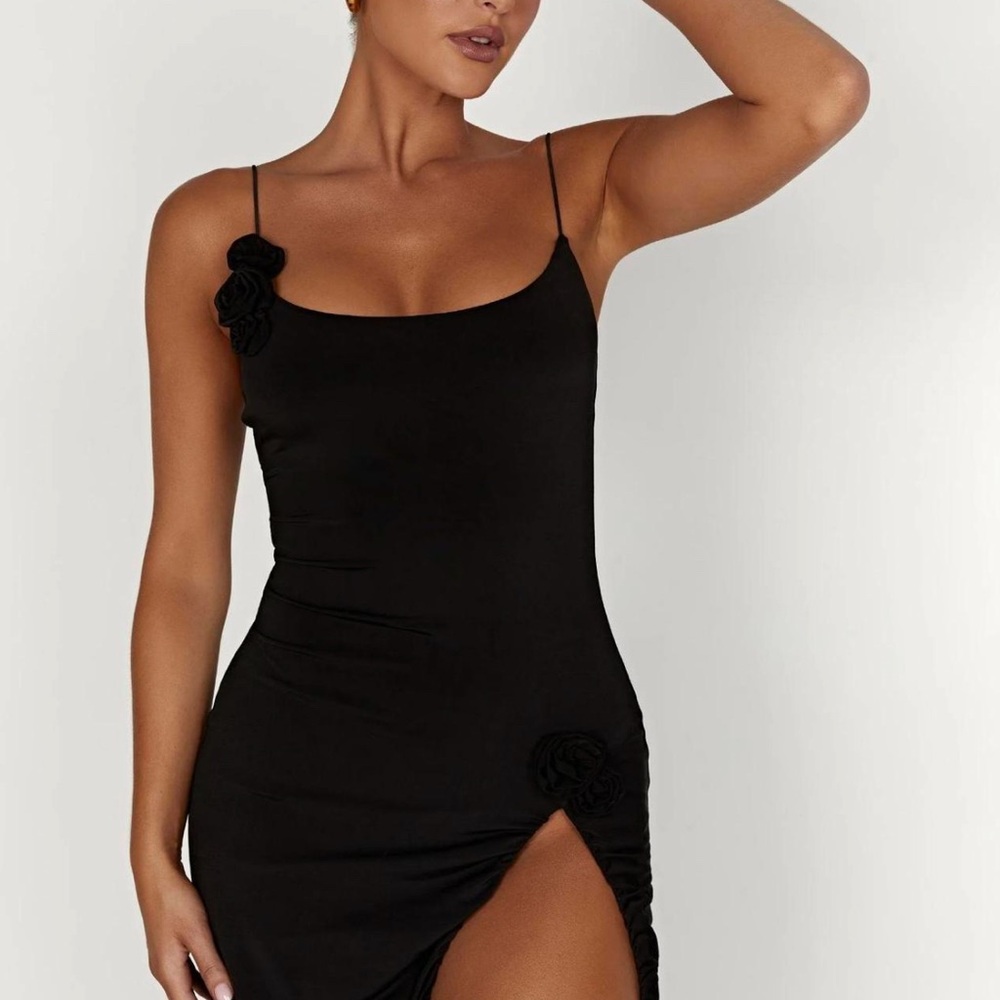 Meshki Nevaeh Black Midi Dress with Rosettes — size M - Picture 2 of 2